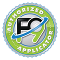 A green and silver badge that says authorized applicator