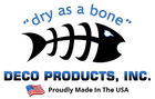 A logo for deco products inc. with a fish skeleton