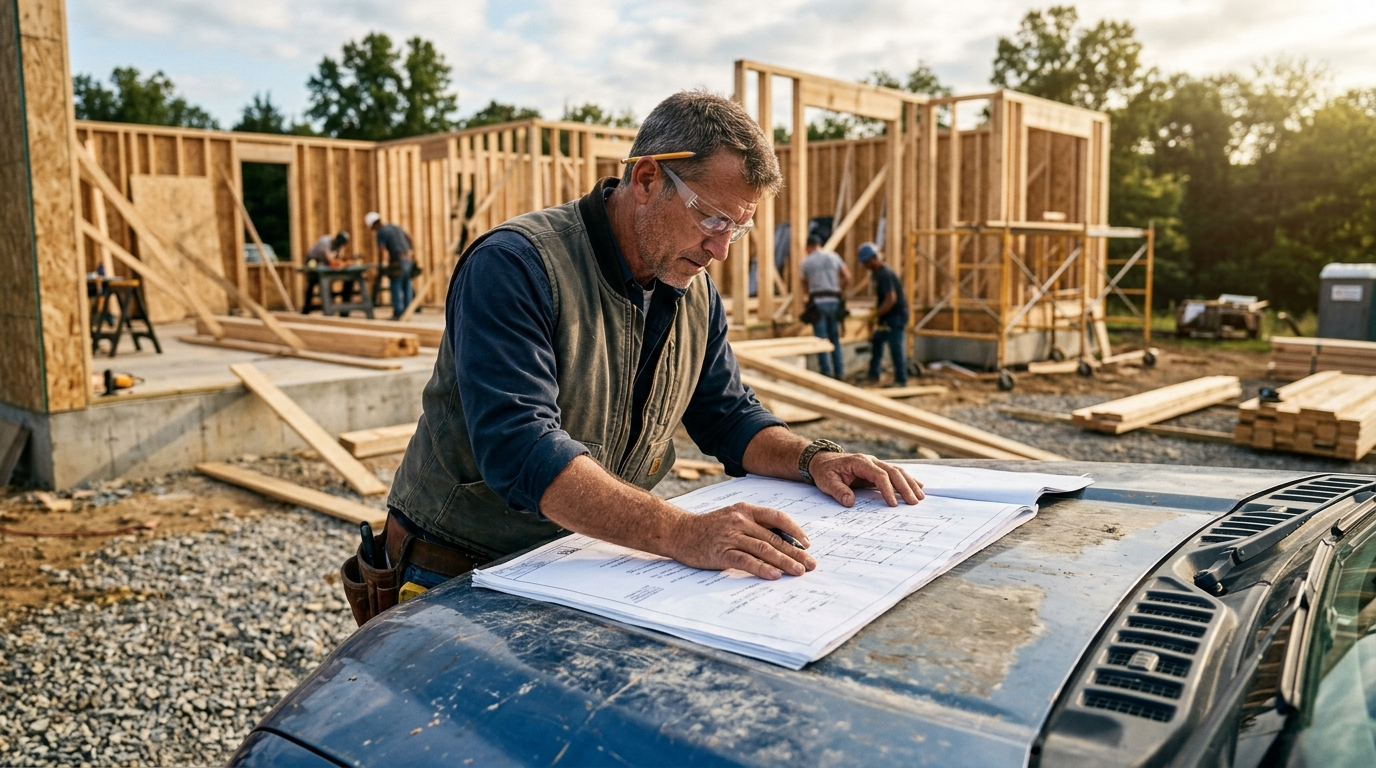 Construction crew working on a wood-framed building under blue skies at a suburban Kentucky job site