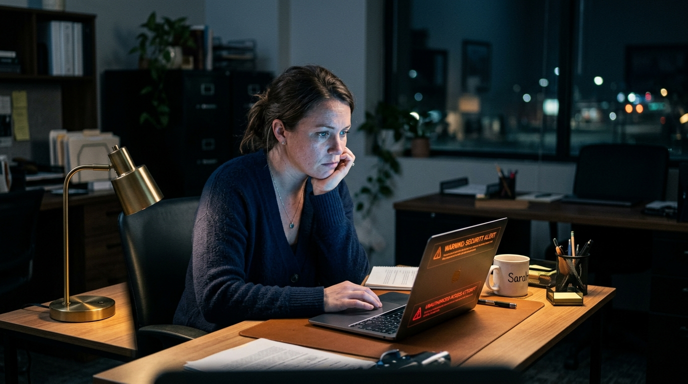 Small business owner at a desk reviewing a laptop screen with a padlock security icon overlay in a Kentucky office setting