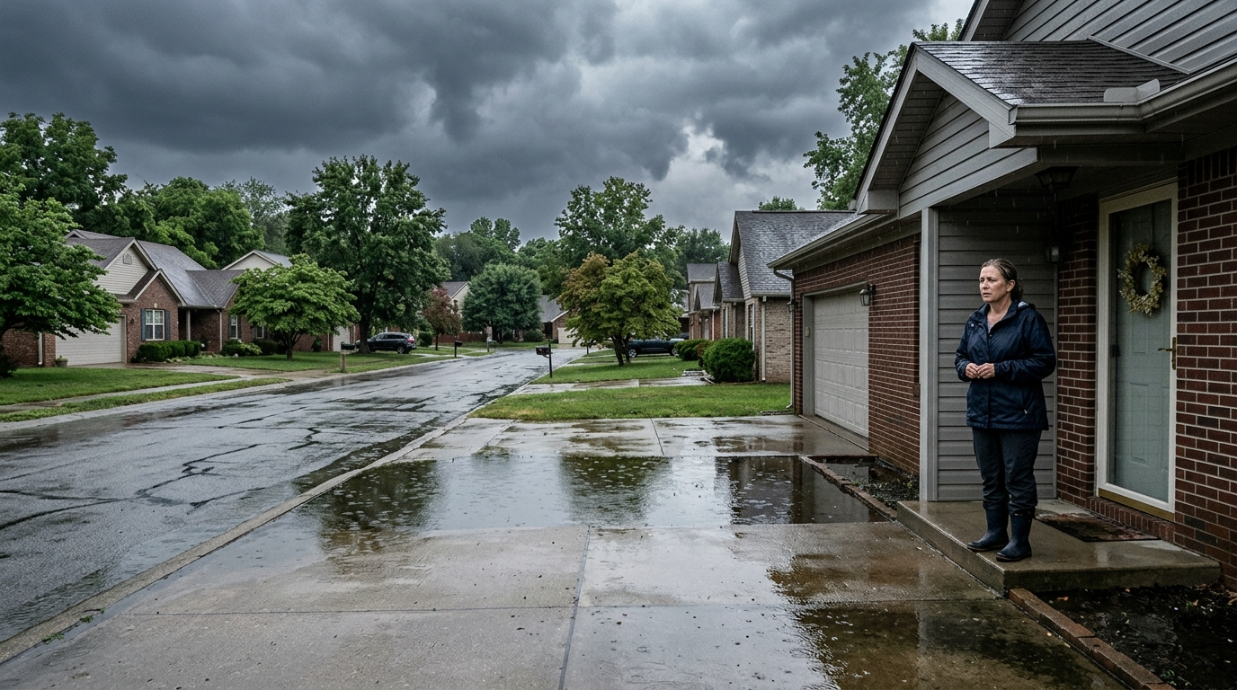 Flooded residential street in Kentucky with water surrounding homes after a heavy rainstorm