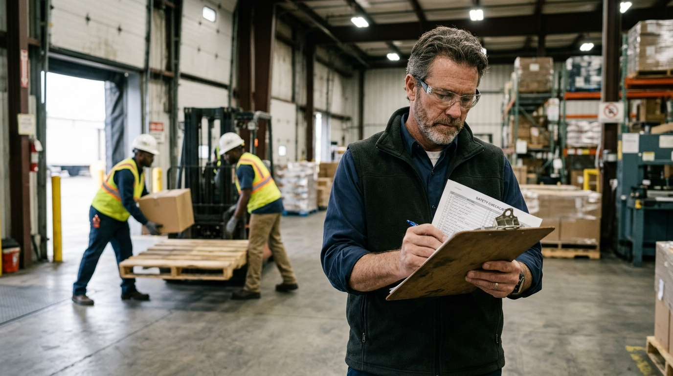 Construction worker in a hard hat reviewing safety documents on a job site in Louisville, Kentucky