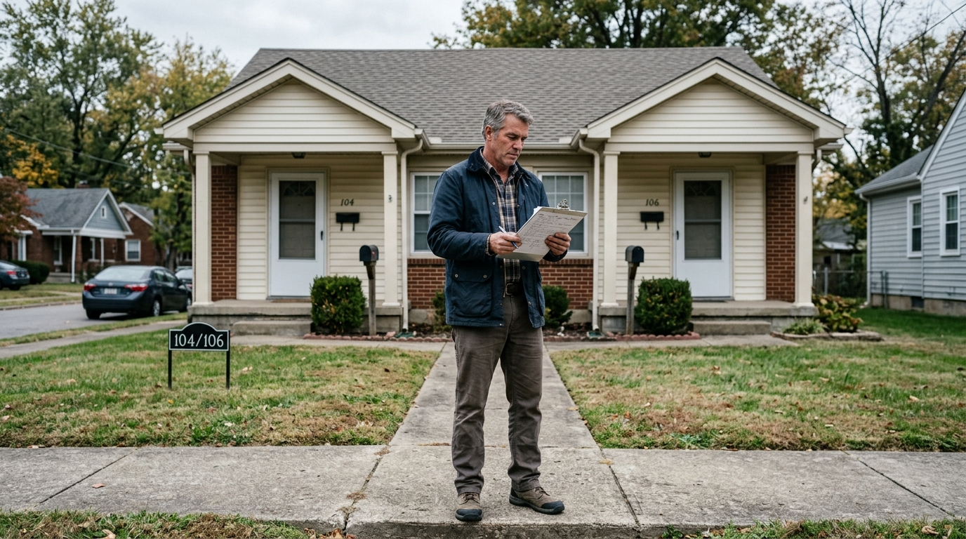Single-family brick rental home on a quiet Kentucky street on a sunny day, with a for-rent sign in the front yard