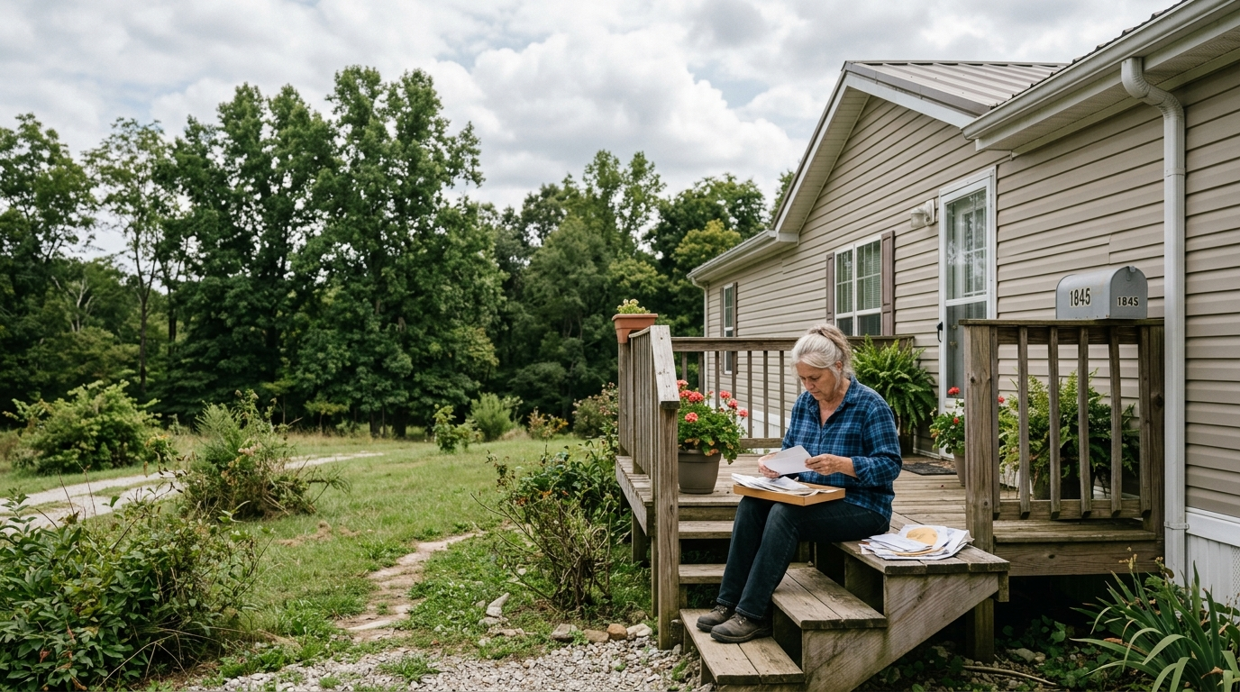 A well-maintained double-wide manufactured home on a quiet Kentucky residential lot with green lawn and clear sky