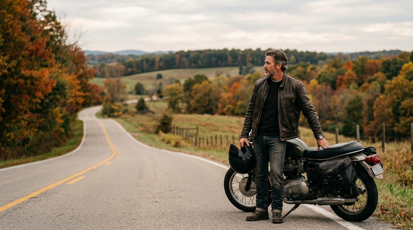 Motorcyclist riding a cruiser on a scenic Kentucky rural highway on a clear afternoon