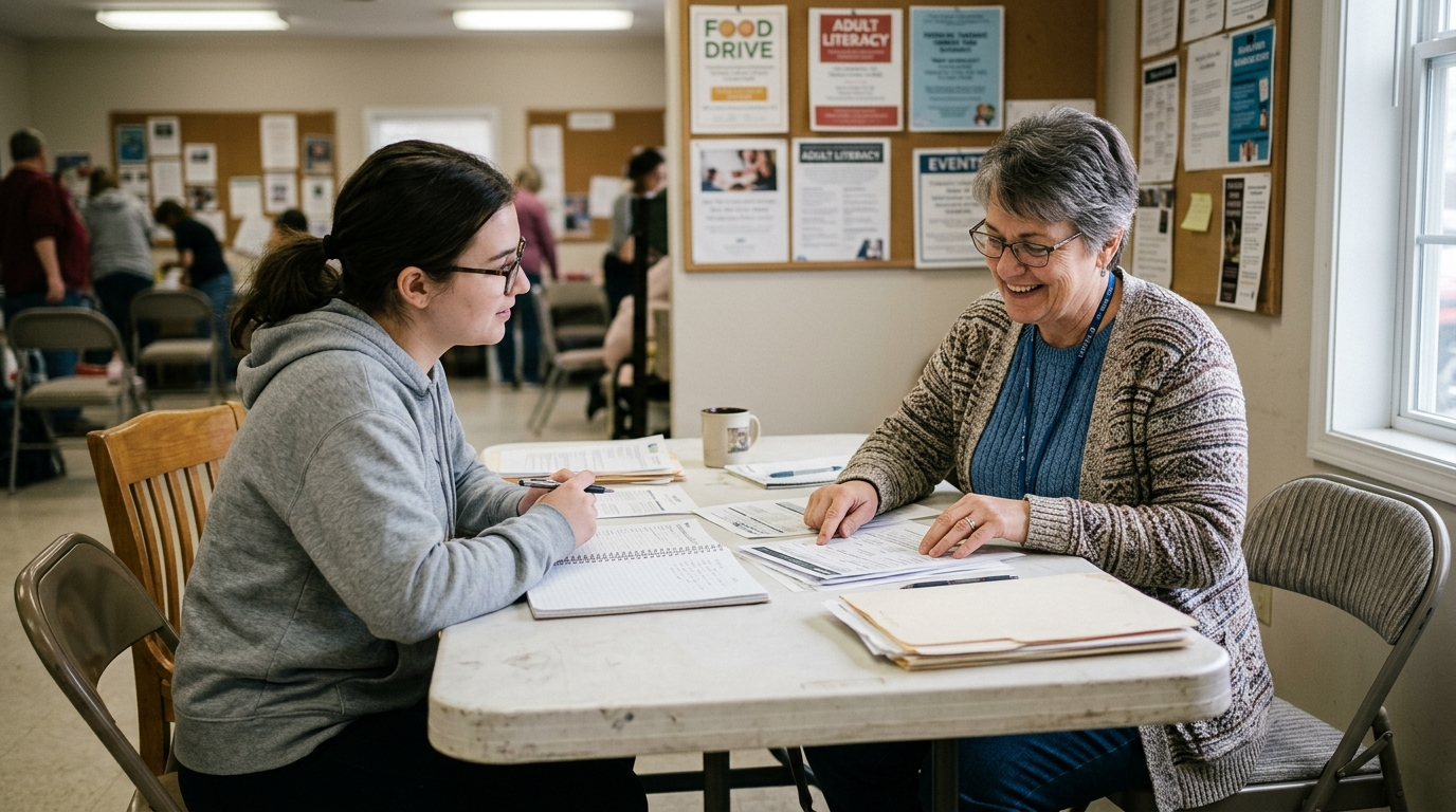 Non-profit staff and volunteers gathered around a table reviewing documents in a community center meeting room in Kentucky