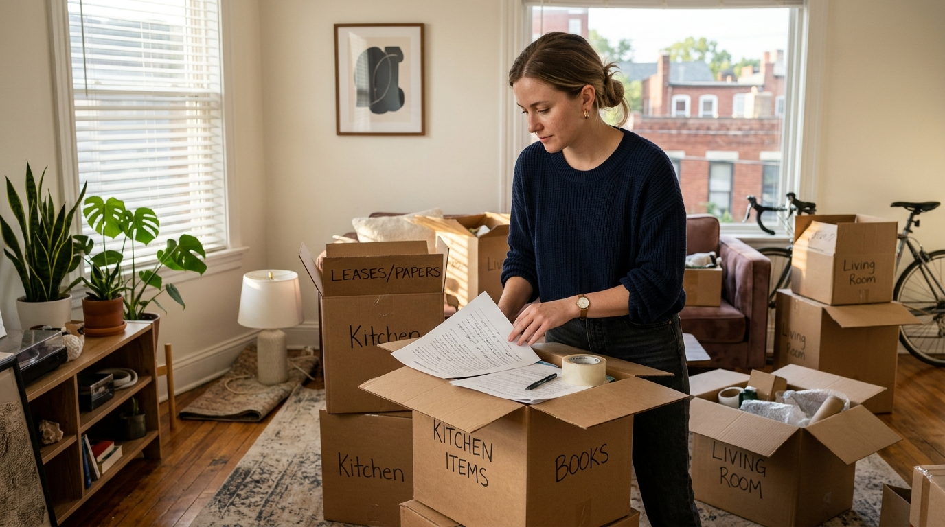Young woman reviewing insurance documents at a table inside a Louisville Kentucky apartment