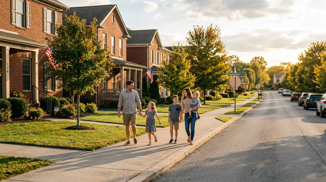 Aerial view of a quiet residential neighborhood in Shepherdsville, Kentucky with tree-lined streets and single-family homes