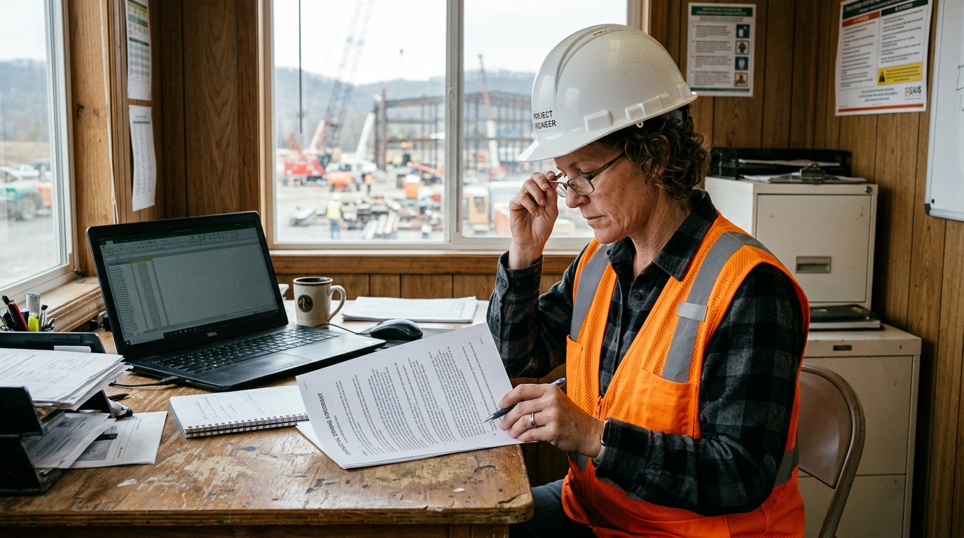 Kentucky contractor reviewing surety bond paperwork at a job site trailer desk with blueprints spread out nearby