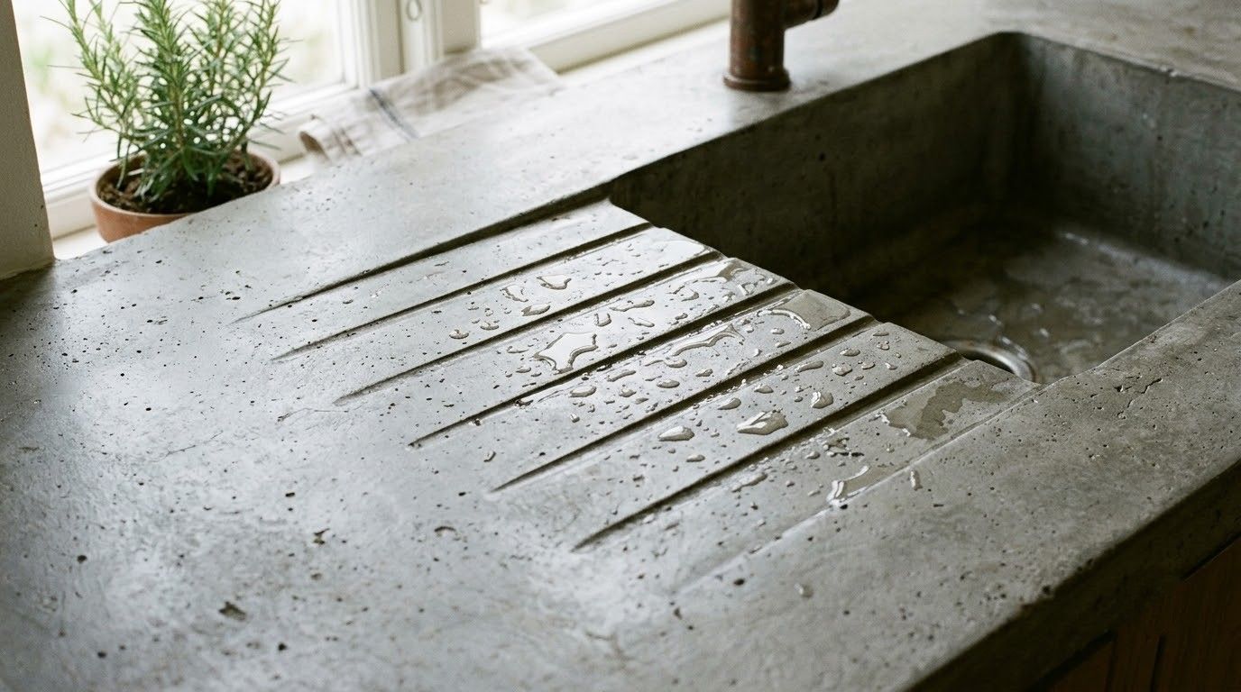 Concrete kitchen sink by a window, with a drainboard and small potted plant nearby.