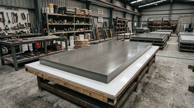 Large concrete slab on a workbench in an industrial workshop with shelves and tools in the background