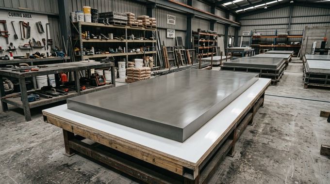 Large metal slab on a wooden pallet in a workshop with shelves and tools in the background