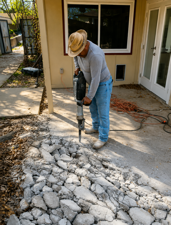 Worker using a jackhammer to break up concrete on a patio near a house