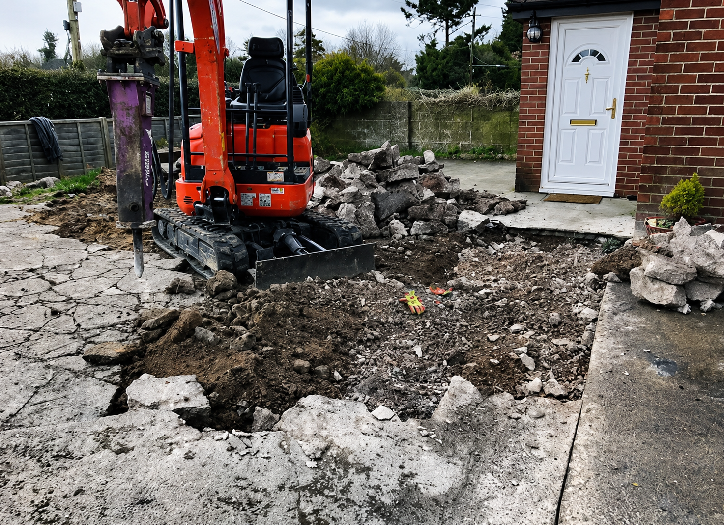 Workers laying brick paving in a garden beside a wheelbarrow and stacked stone slabs
