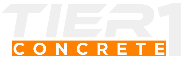 Tier 1 Concrete logo with white letters and an orange “CONCRETE” bar on a light gray background