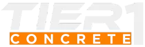 Tier 1 Concrete logo with white letters and an orange “CONCRETE” bar on a light gray background