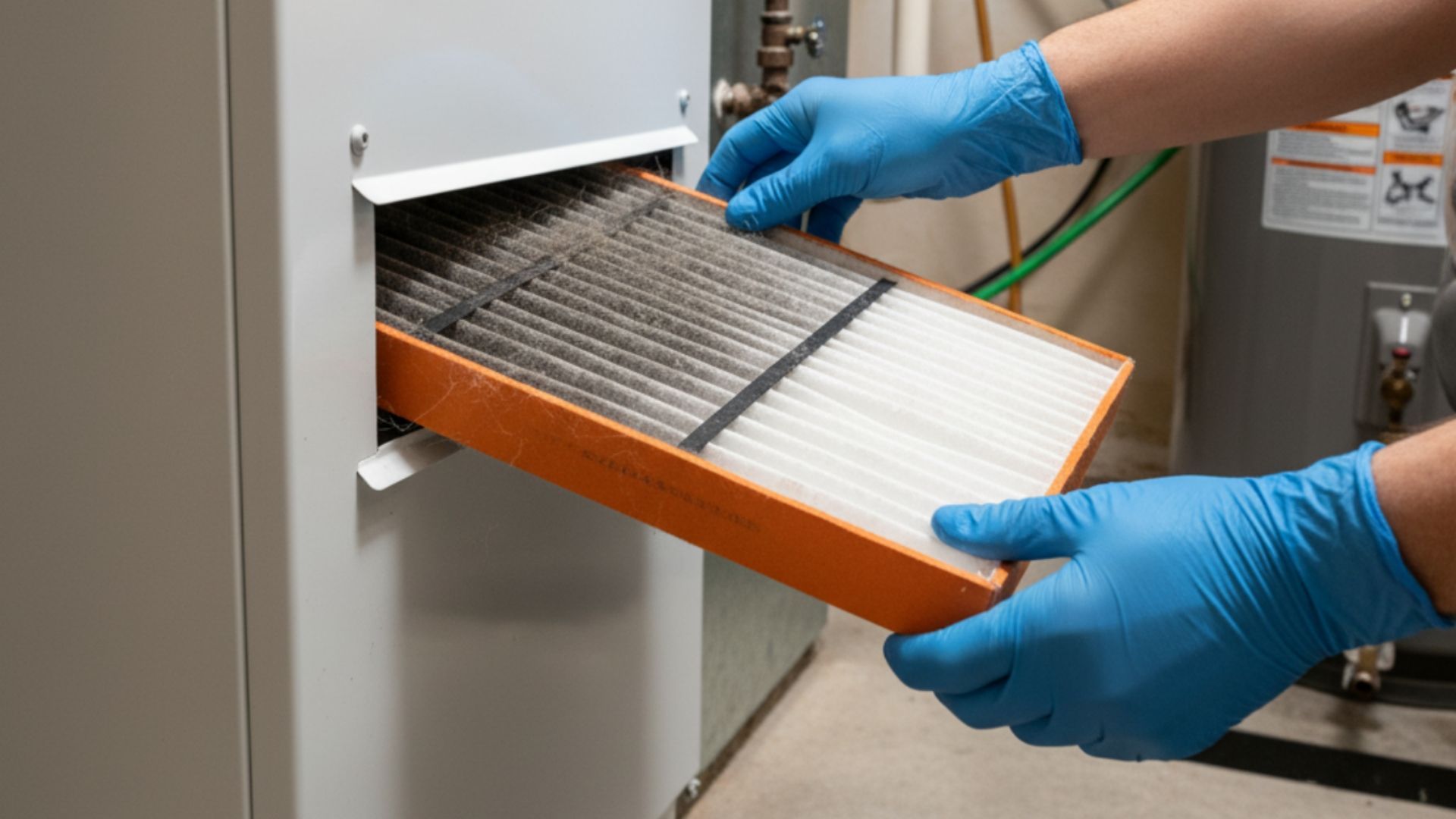 Gloved hands removing a dirty air filter from a wall vent in a utility room