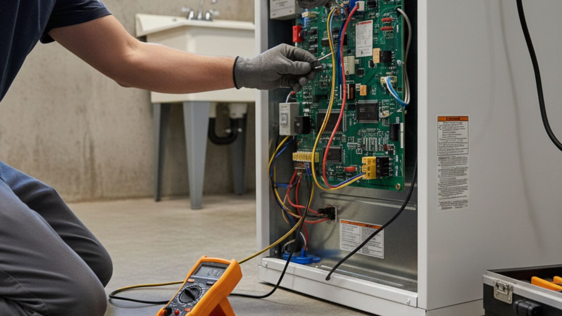 Technician inspecting exposed electrical wiring inside an open panel with a multimeter on the floor