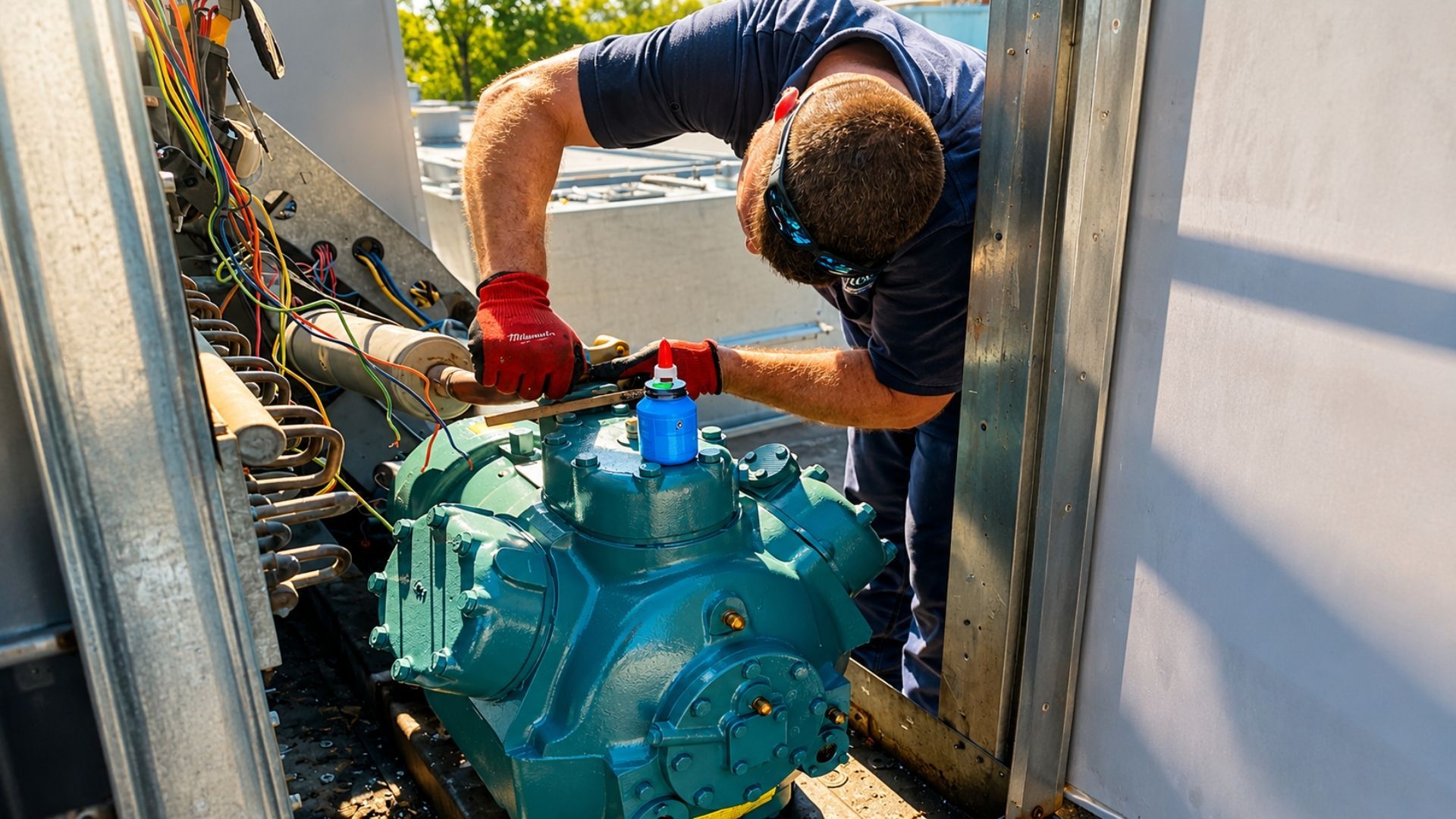 Worker servicing a large turquoise industrial machine in a narrow utility space.