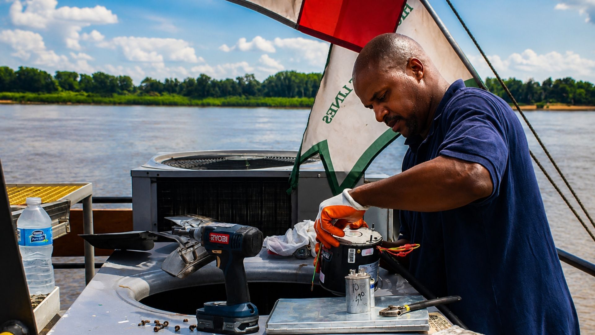 Man working on a boat deck beside a river, using tools near a red canopy and American flag