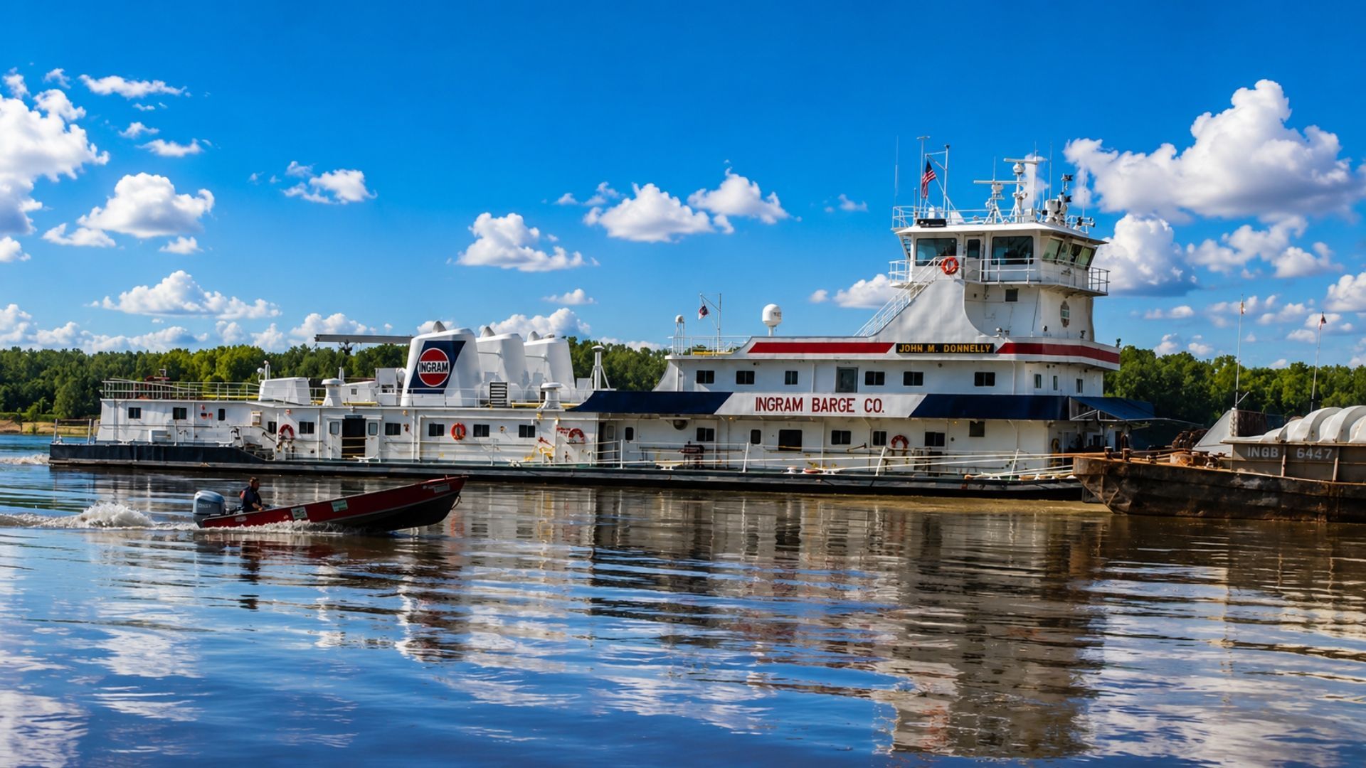 White river ferry docked on calm water under a bright blue sky with scattered clouds.