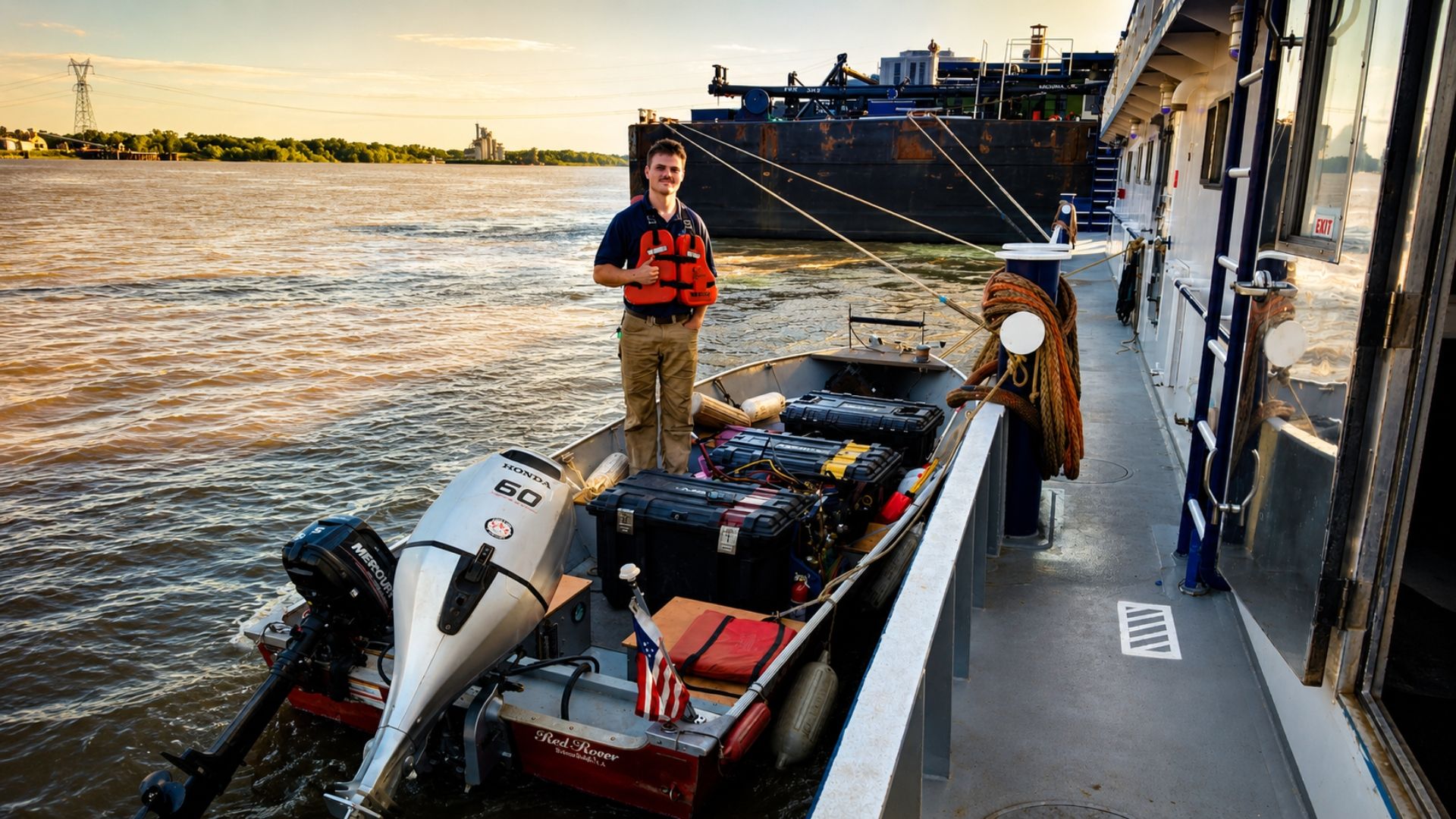 Person standing on a boat docked beside a river at sunset, with a white motorcycle in the foreground