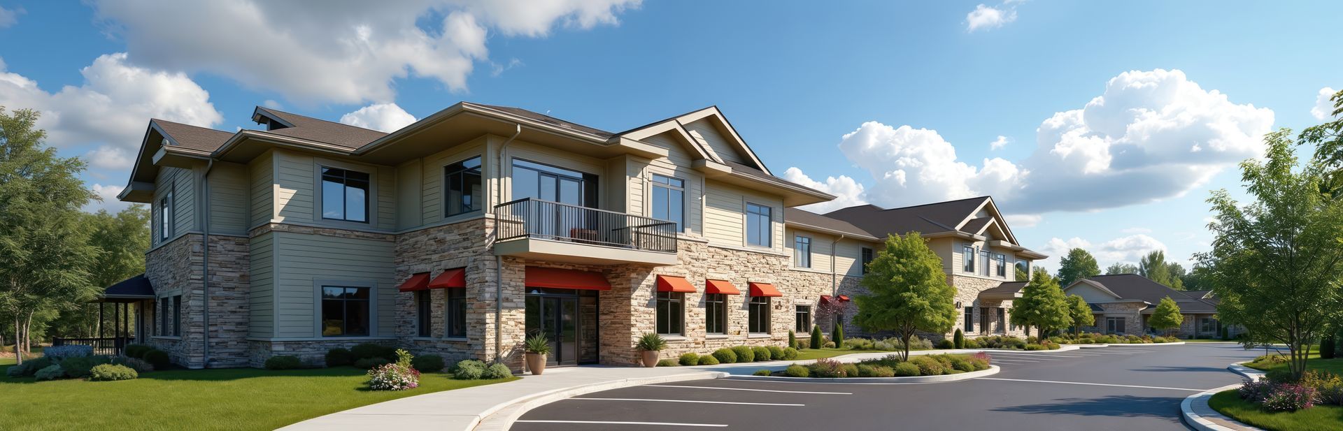 A modern assisted living complex that represents comfortable senior residential communities. A modern assisted living complex that represents comfortable senior residential communities.