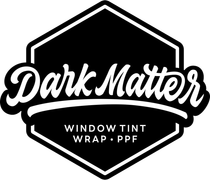 Dark Matter logo: white text on black hexagon shape, window tint, wrap, PPF.