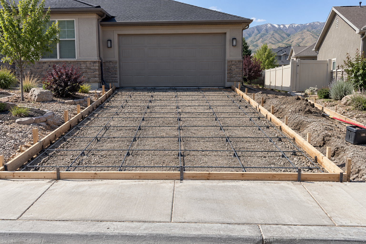 Driveway forms and reinforcement set on a compacted base before a concrete pour in Utah