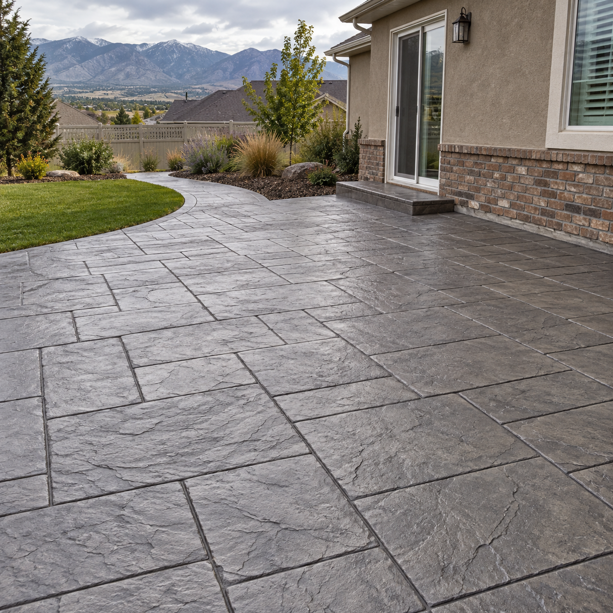 Stamped decorative concrete surface on a residential project in the Salt Lake Valley