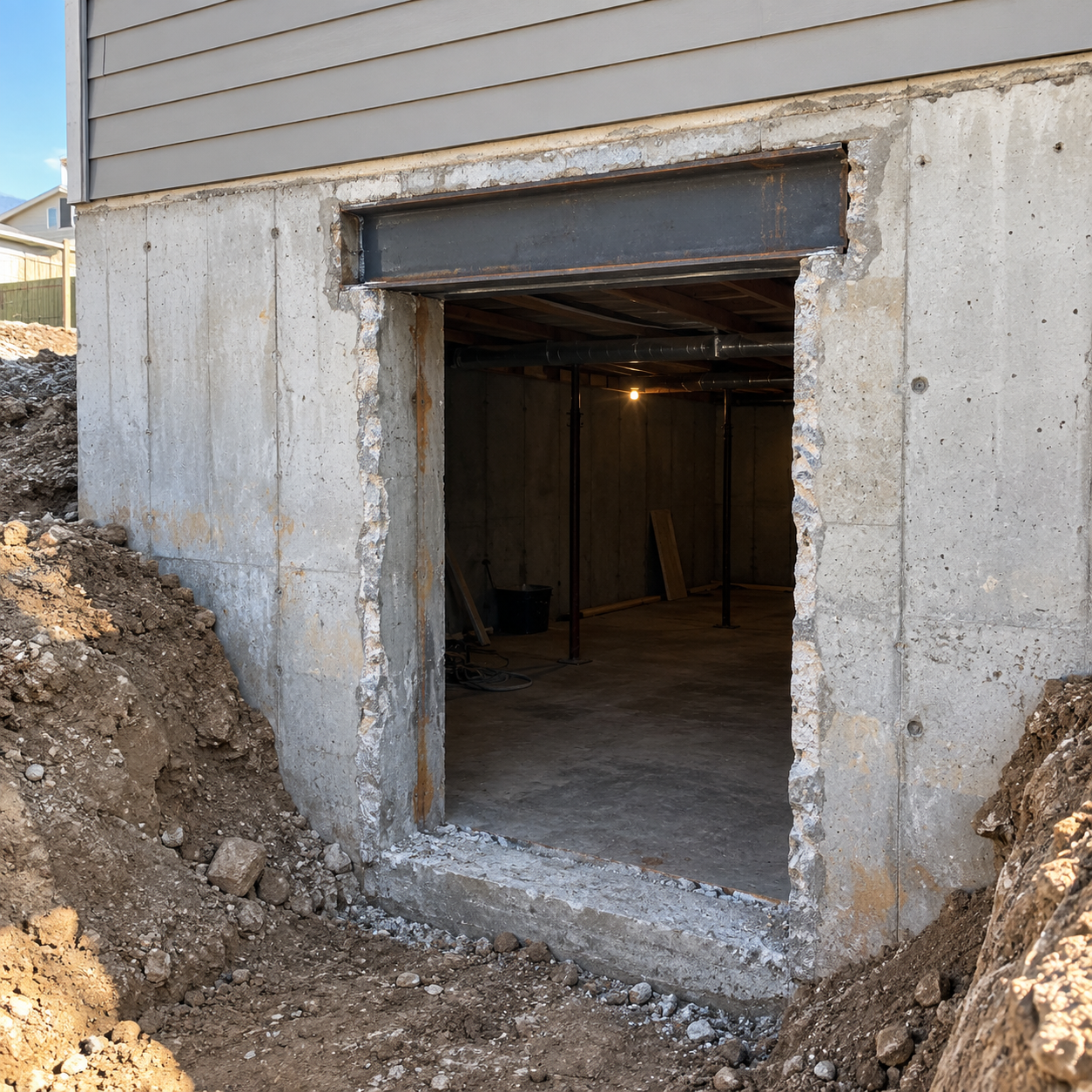 New door opening cut into a basement foundation wall with a steel header in Utah