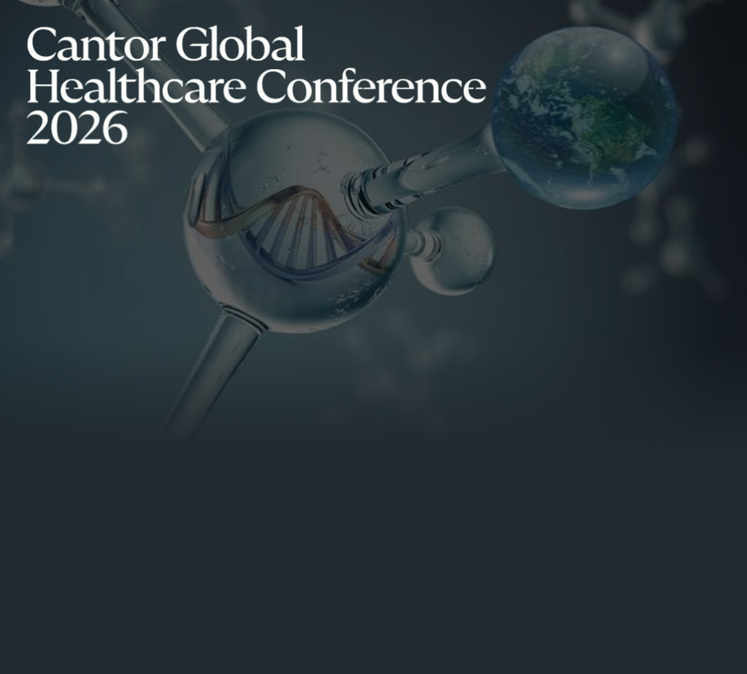 Cantor Global Healthcare Conference 2026 banner with DNA helix and molecule graphics on a dark blue background