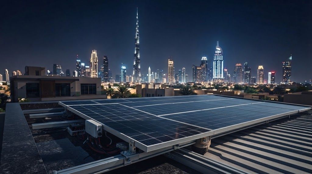 Solar panels on Dubai rooftop at night with skyline view