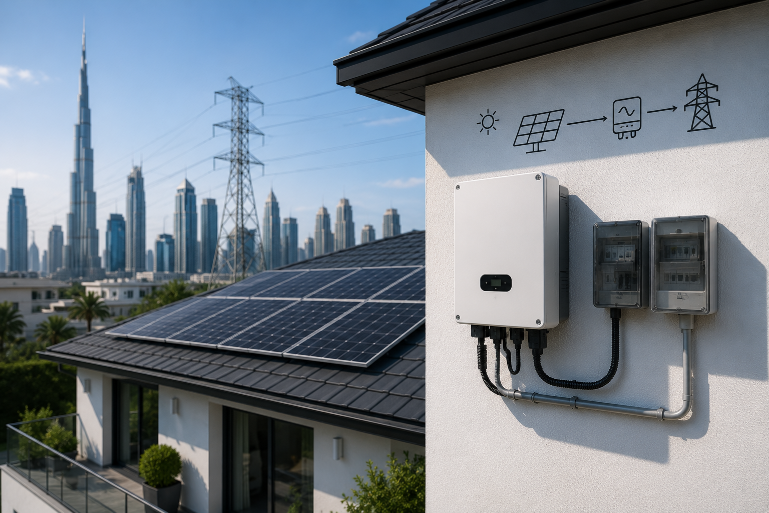 Solar panels and inverter with grid connection