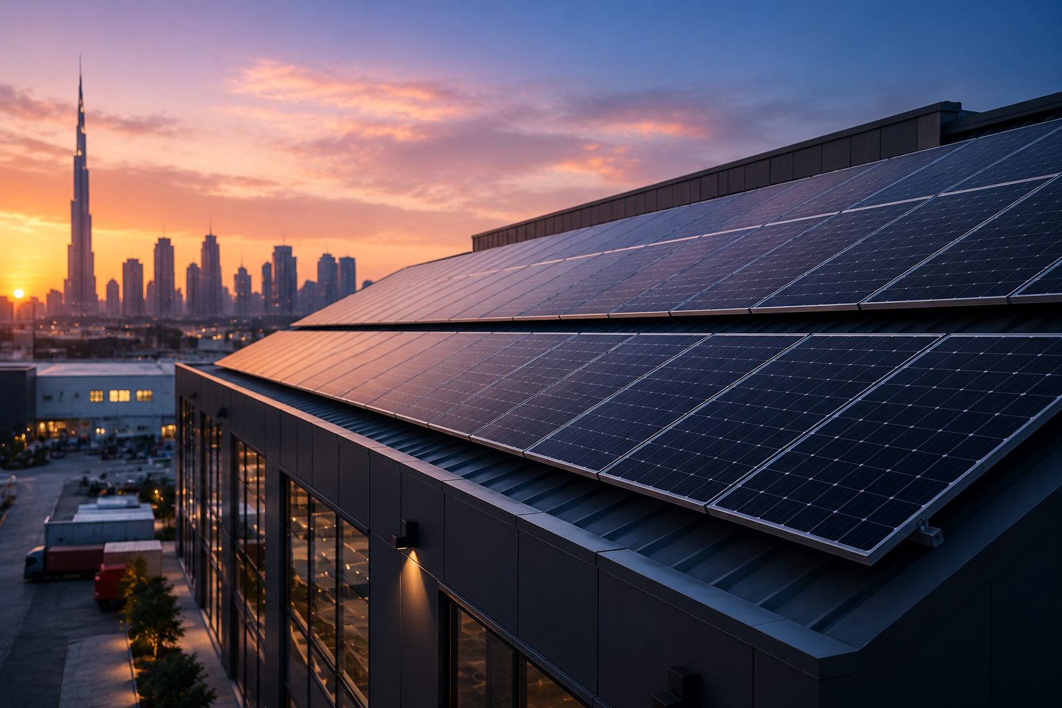 Commercial solar panel roof with city skyline