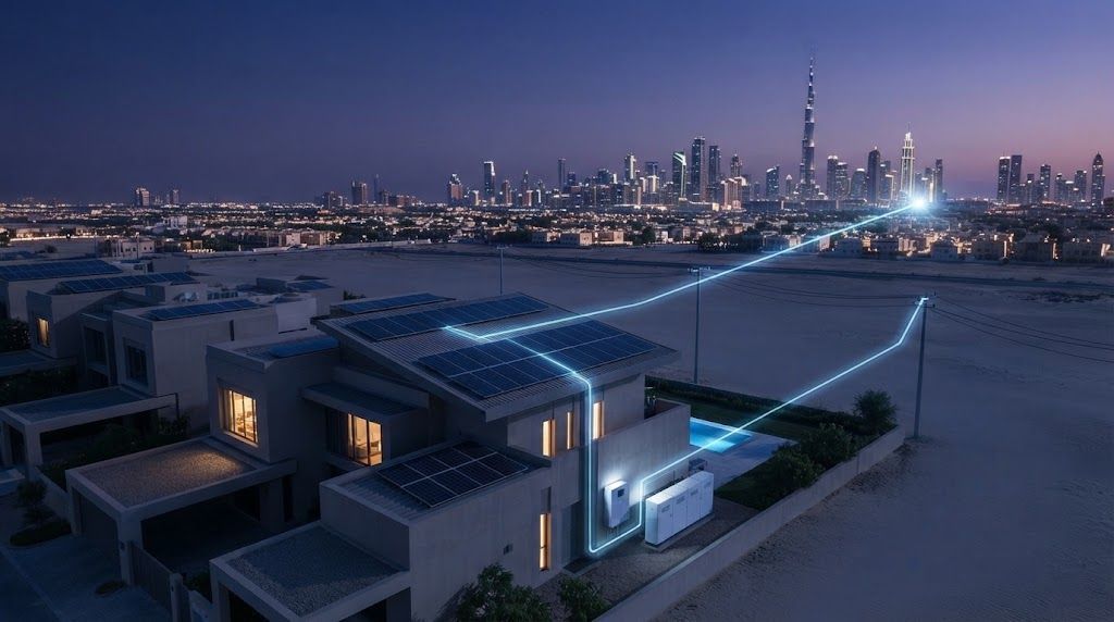 Modern Dubai villa with solar panels and grid connection at dusk
