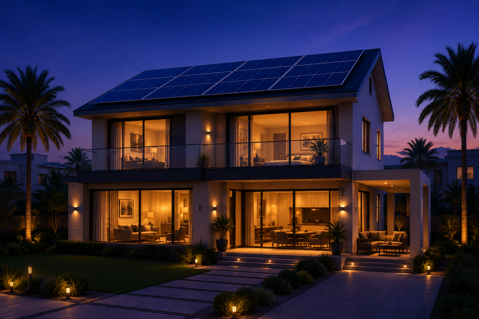 Modern villa with rooftop solar panels at dusk