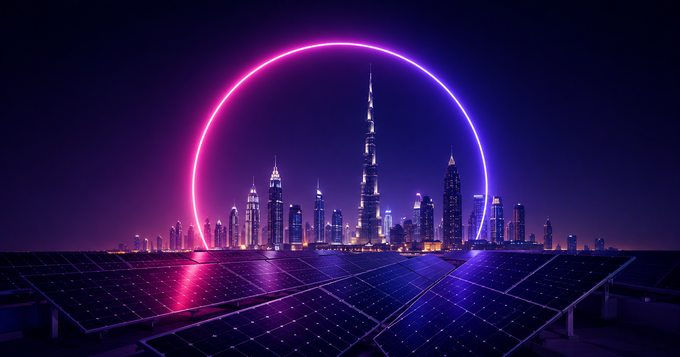 City skyline with solar panel array at night
