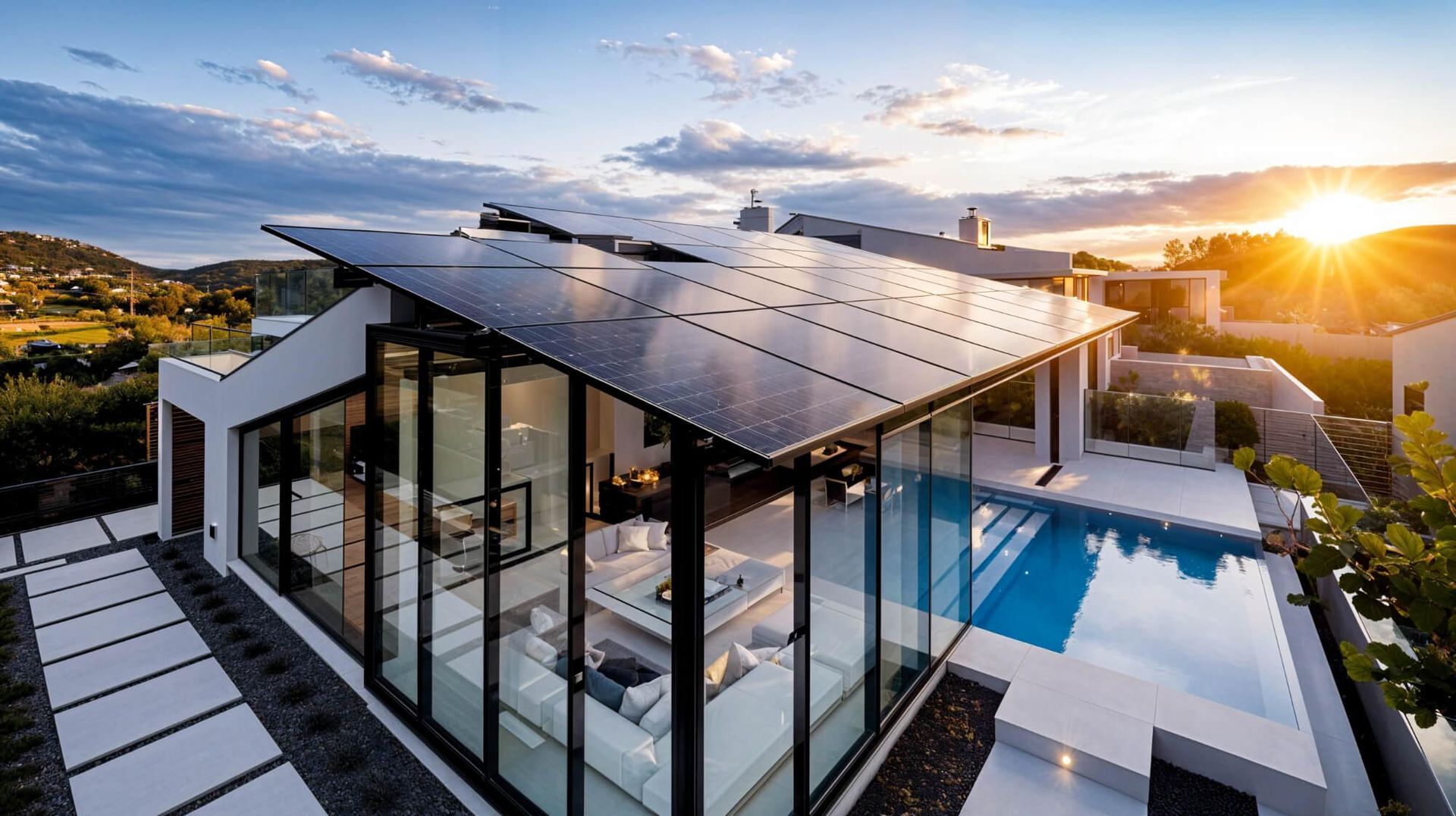 Luxury home with solar panel roof and pool