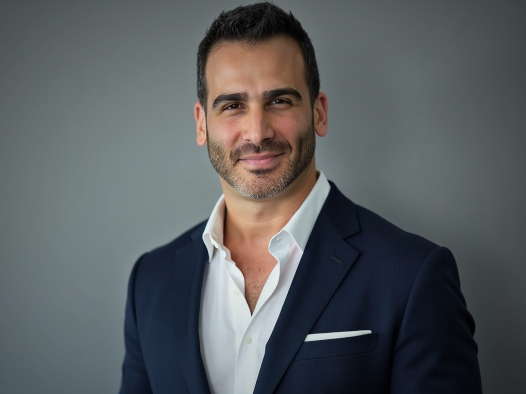 Man in dark suit and white shirt smiles, against a grey background.
