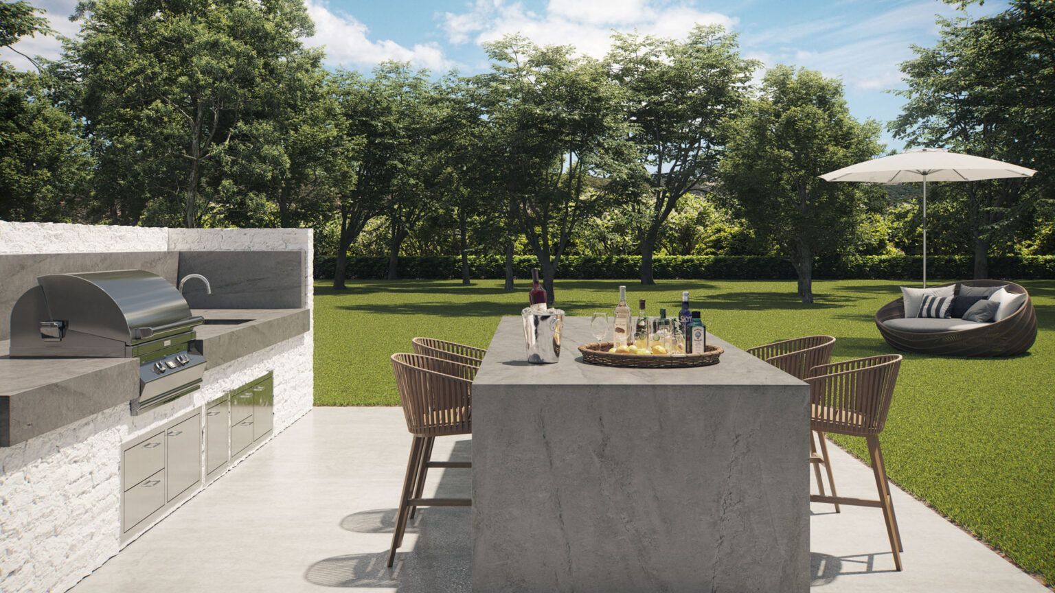 Outdoor kitchen with a grill, bar, seating, and trees.