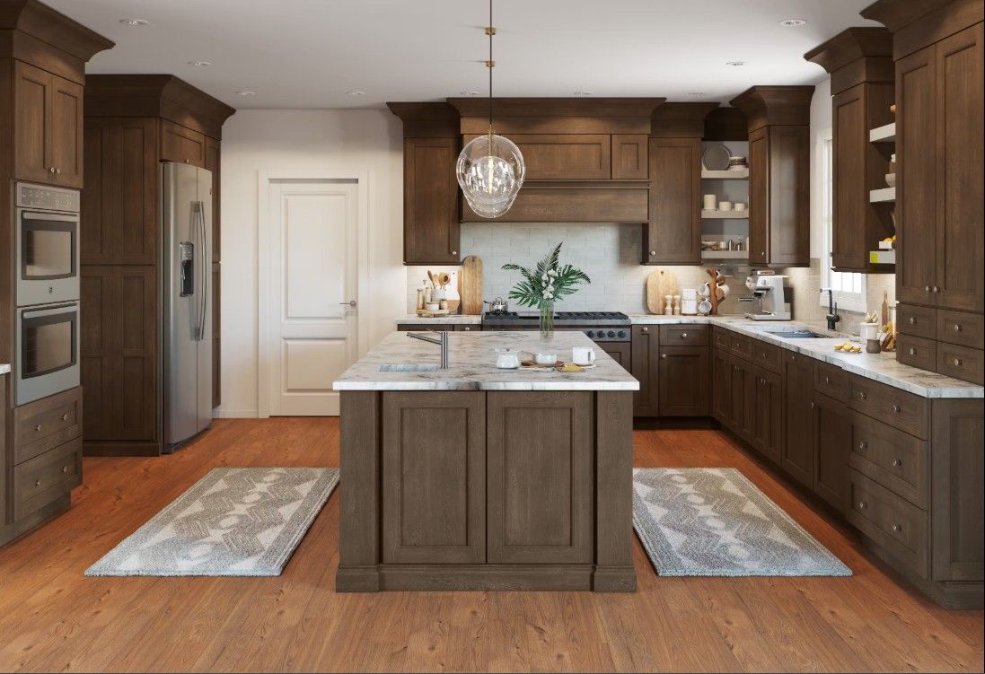 Elegant dark wood kitchen with island, marble countertops, stainless steel appliances, and area rugs.