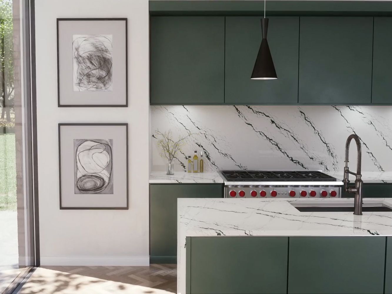 Modern kitchen with dark green cabinets, white and gray countertops, and artwork.