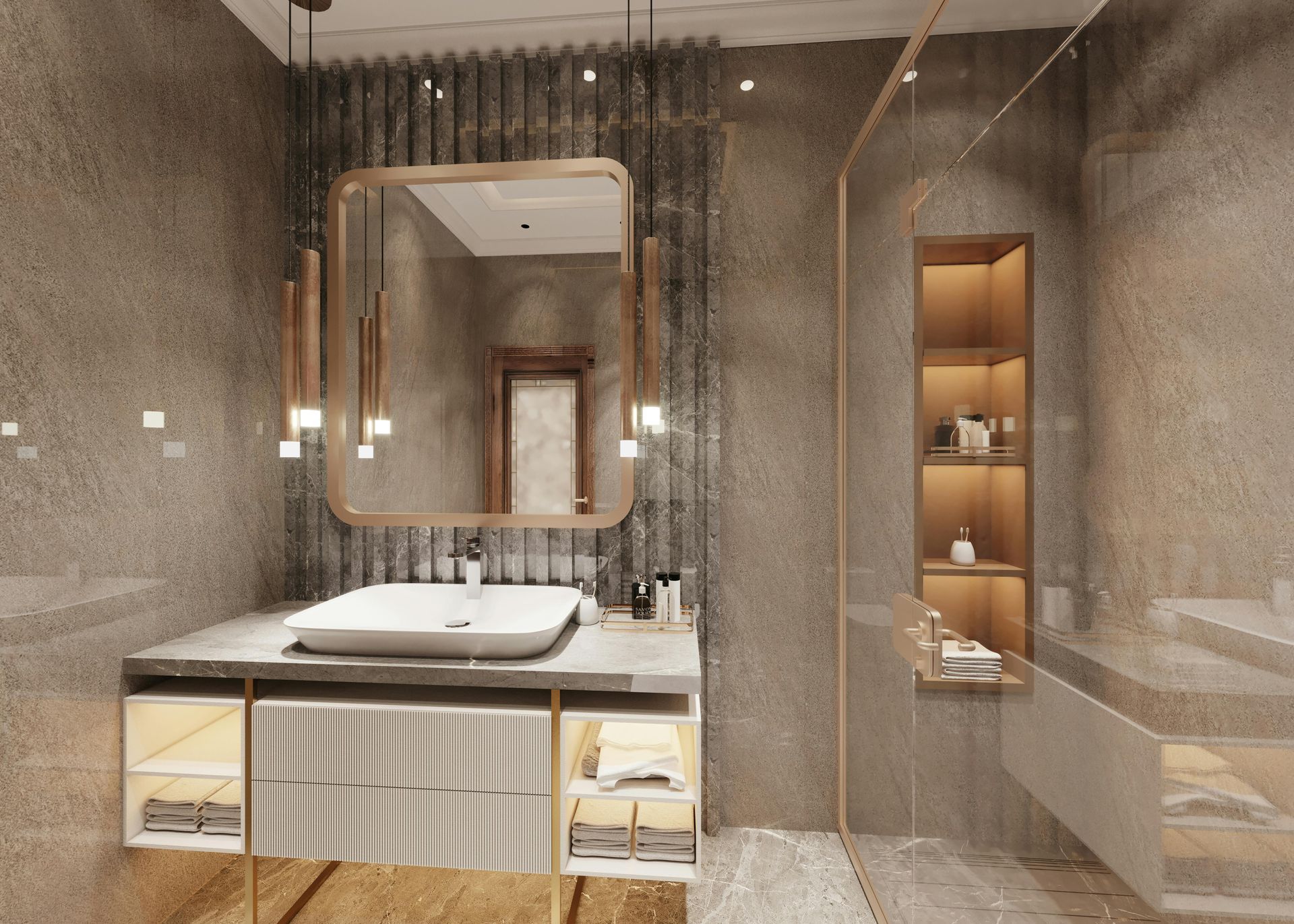 Modern bathroom with a sink, mirror, and shower stall. Neutral tones with wooden and metallic accents.