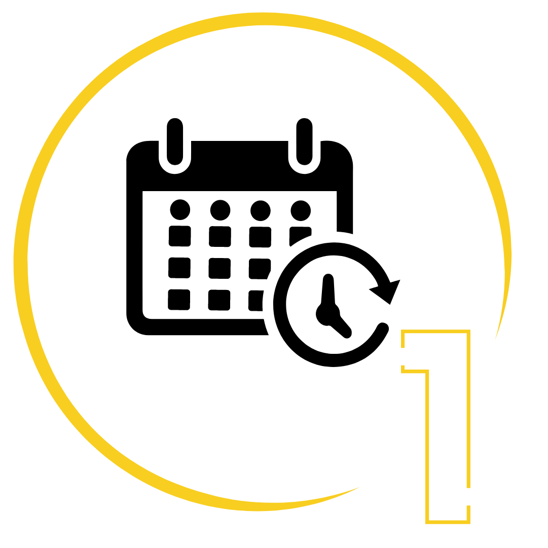 A calendar with a clock next to it in a yellow circle.