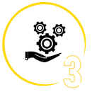 A hand is holding three gears in a yellow circle.