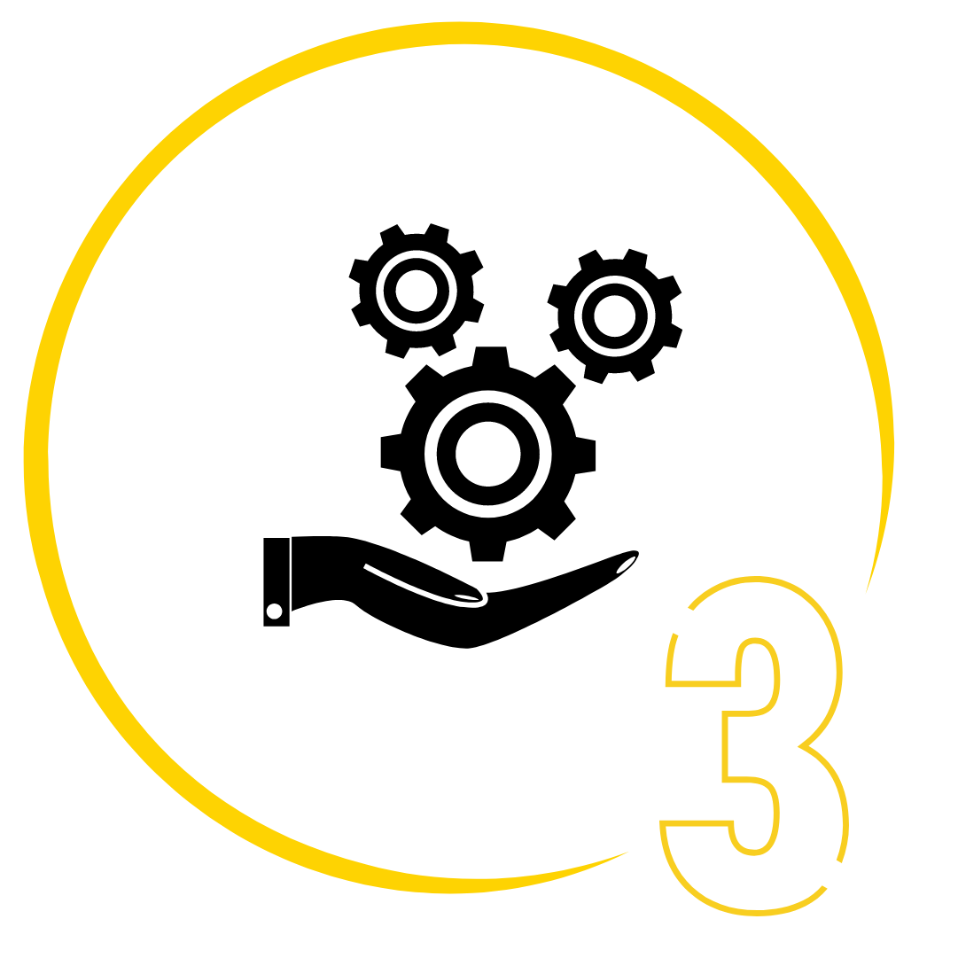 A hand is holding three gears in a yellow circle.