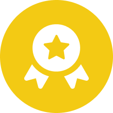 A yellow circle with a white ribbon and a star in the middle.