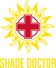 A logo for shade doctor with a sun and a red cross