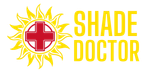 A logo for shade doctor with a sun and a red cross